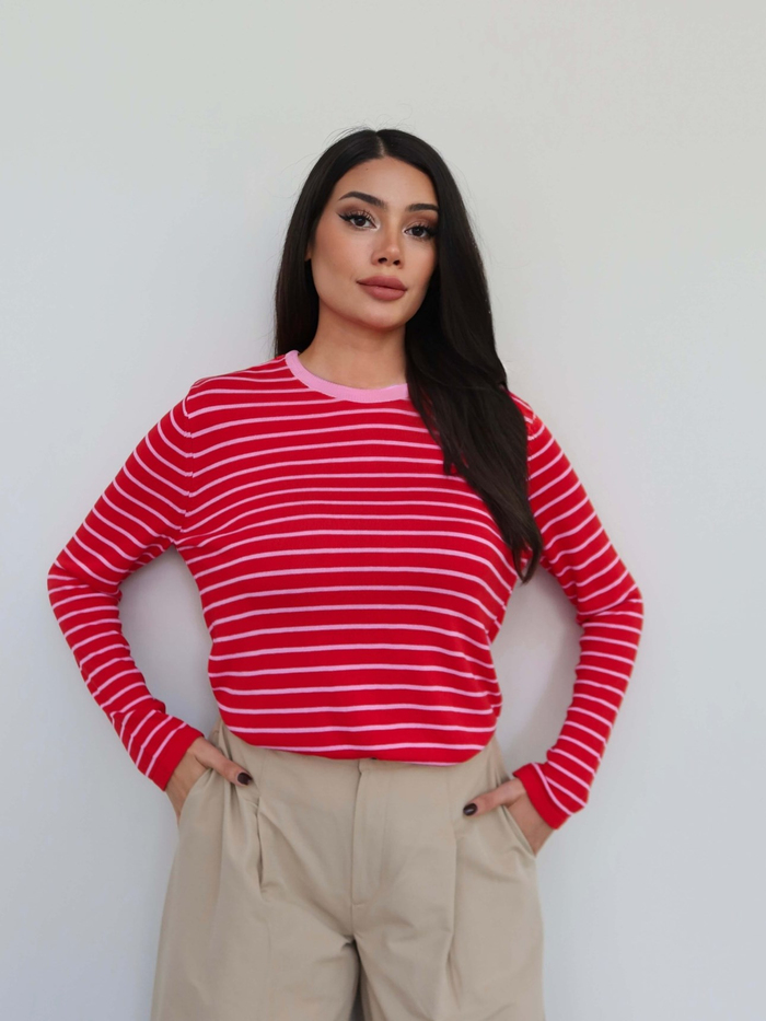 Bisiklet Yaka Çizgili Oversize Kazak