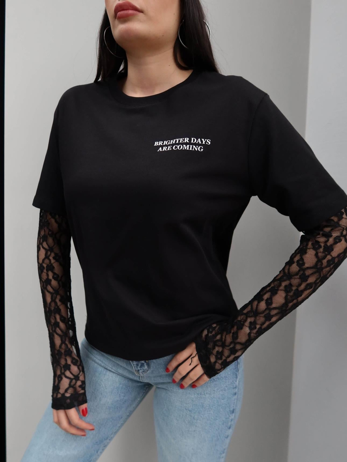 Bisiklet Yaka Kol Dantelli Tshirt