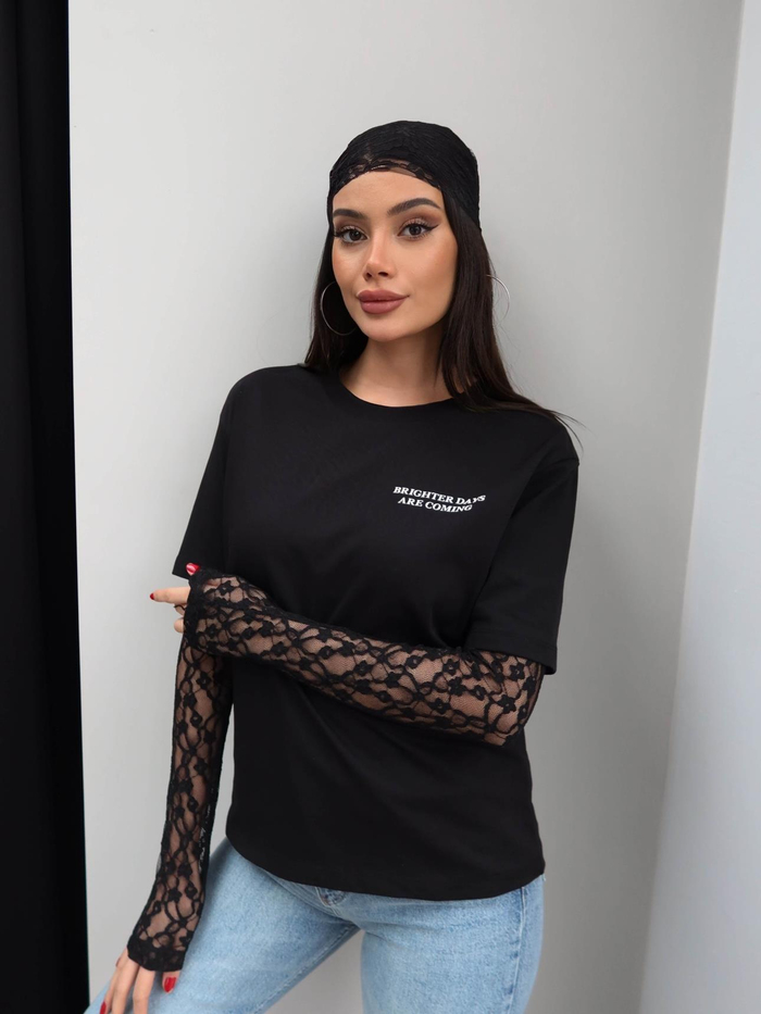 Bisiklet Yaka Kol Dantelli Tshirt