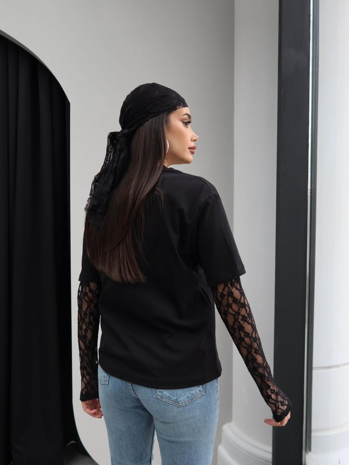 Bisiklet Yaka Kol Dantelli Tshirt