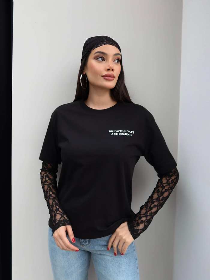 Bisiklet Yaka Kol Dantelli Tshirt