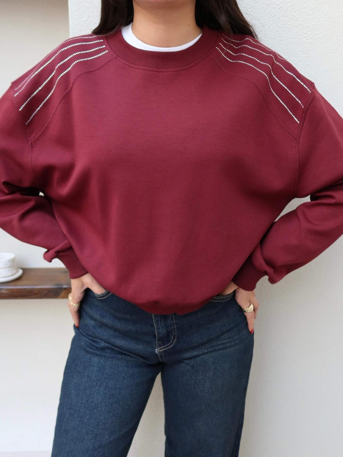 Bisiklet Yaka Omuz Taşlı Sweat