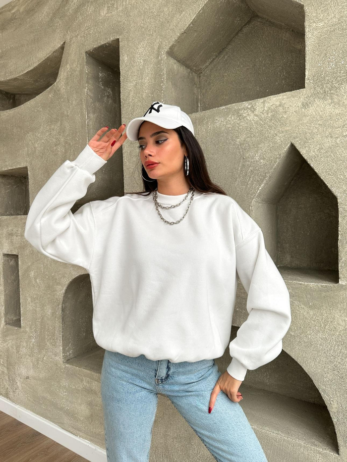 Bisiklet Yaka Şardonlu Düz Sweat