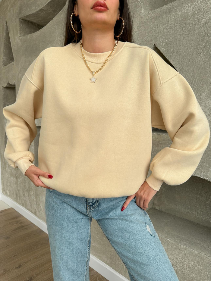 Bisiklet Yaka Şardonlu Düz Sweat