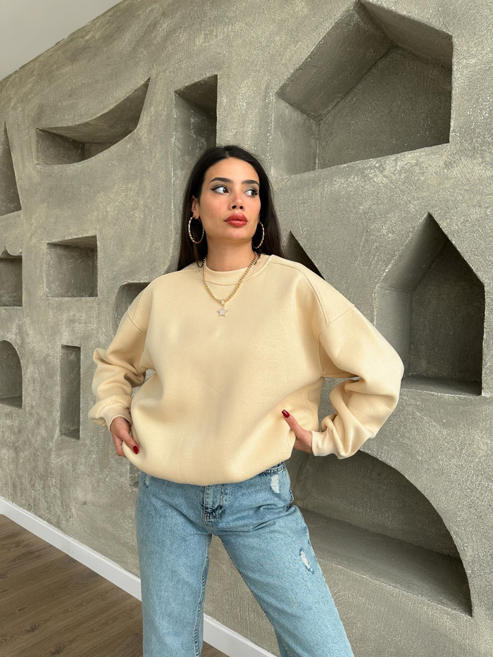 Bisiklet Yaka Şardonlu Düz Sweat