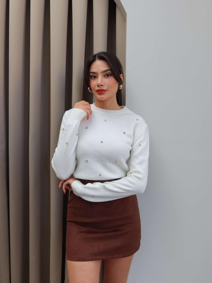 Bisiklet Yaka Taşlı Triko Kazak