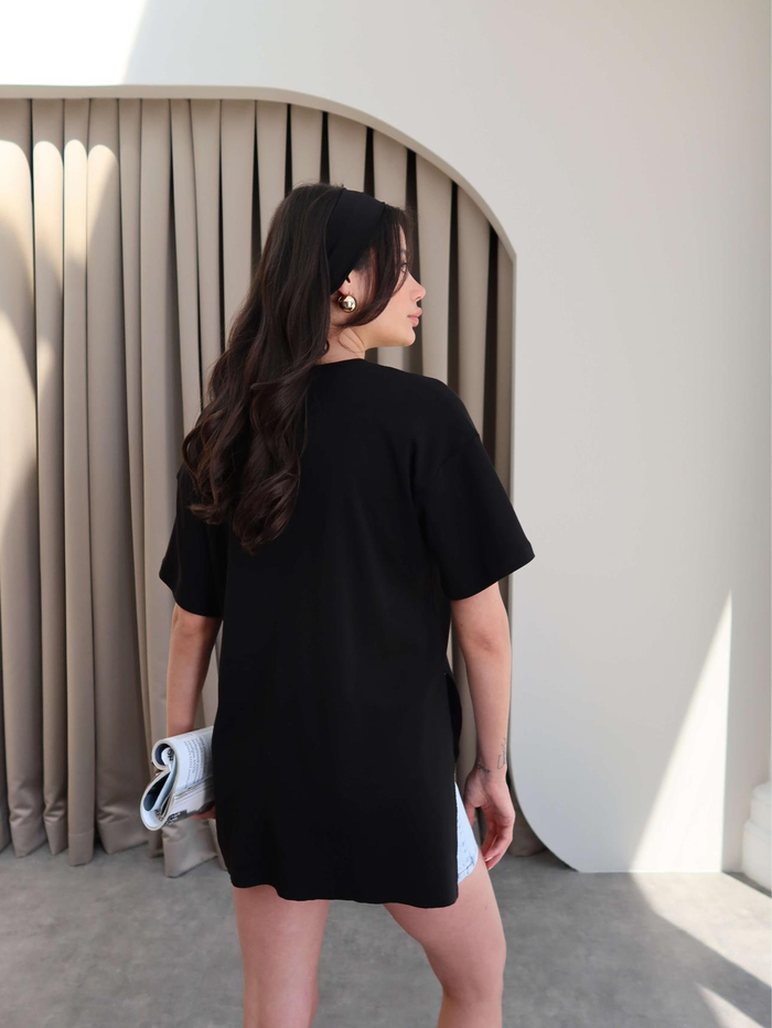 Bisiklet  Yaka Yırtmaçlı Oversize T-shirt