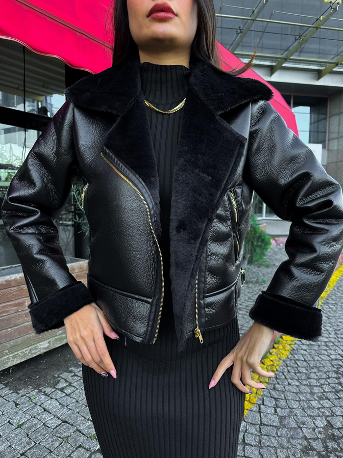 Black Gold Button Deri Ceket