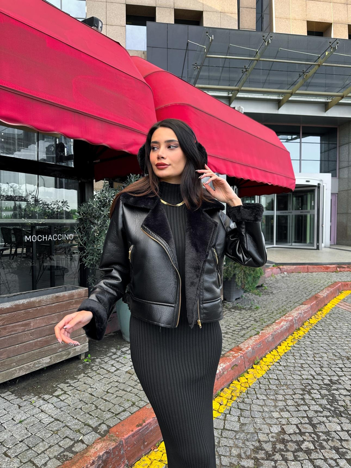 Black Gold Button Deri Ceket
