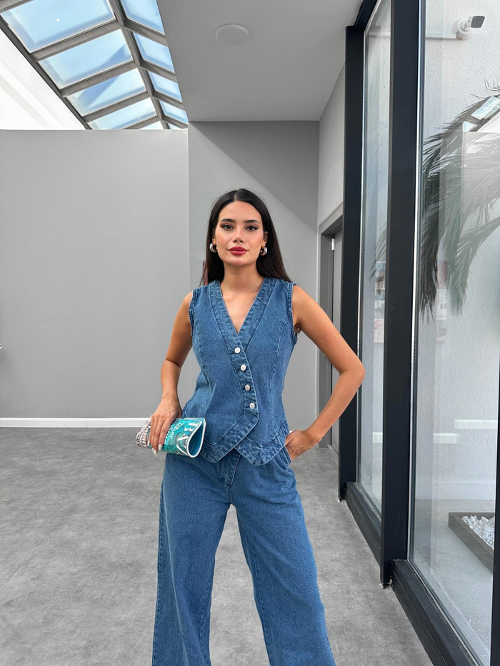 Blue Denim Yelek Pantolon Takım