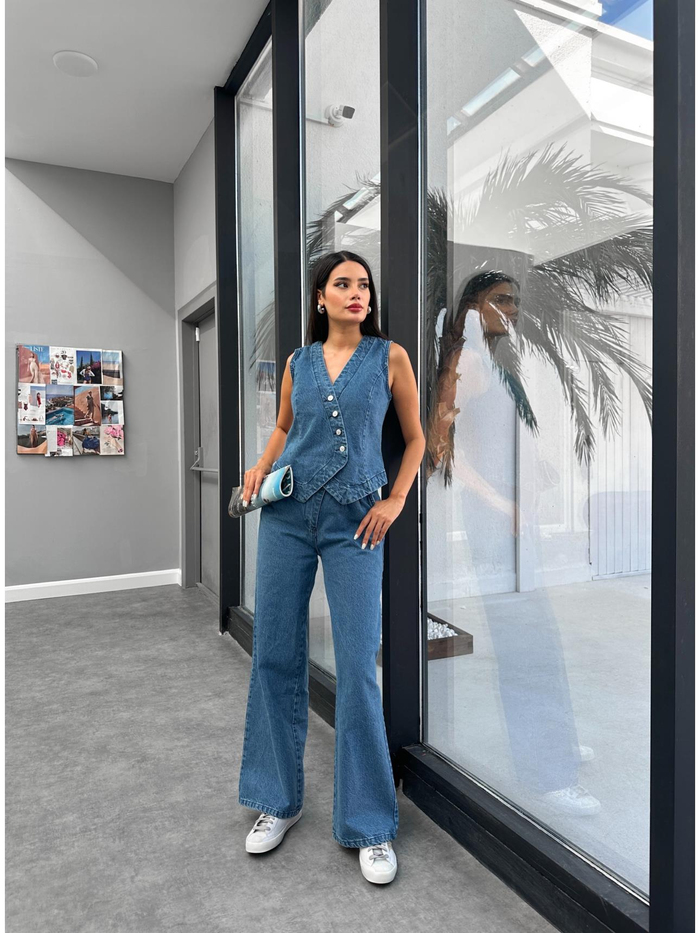 Blue Denim Yelek Pantolon Takım