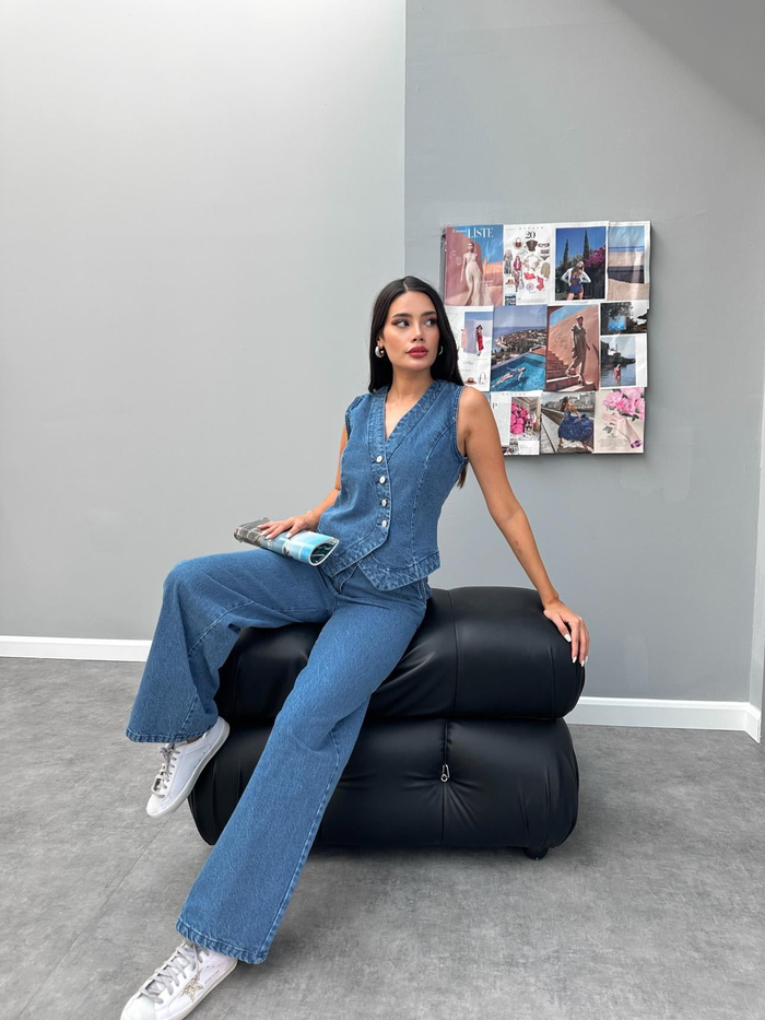 Blue Denim Yelek Pantolon Takım