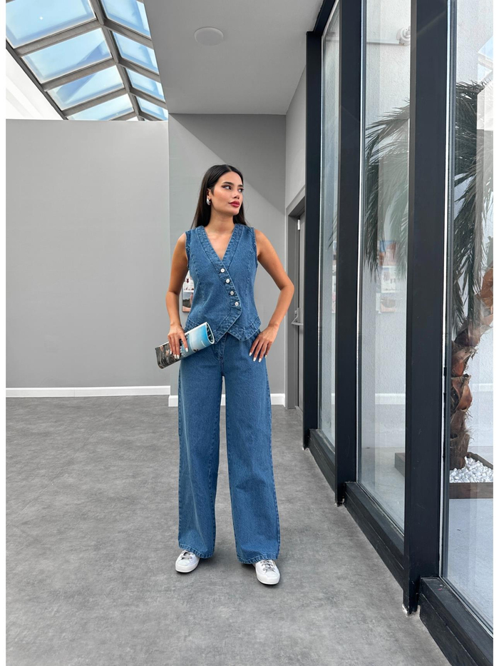 Blue Denim Yelek Pantolon Takım