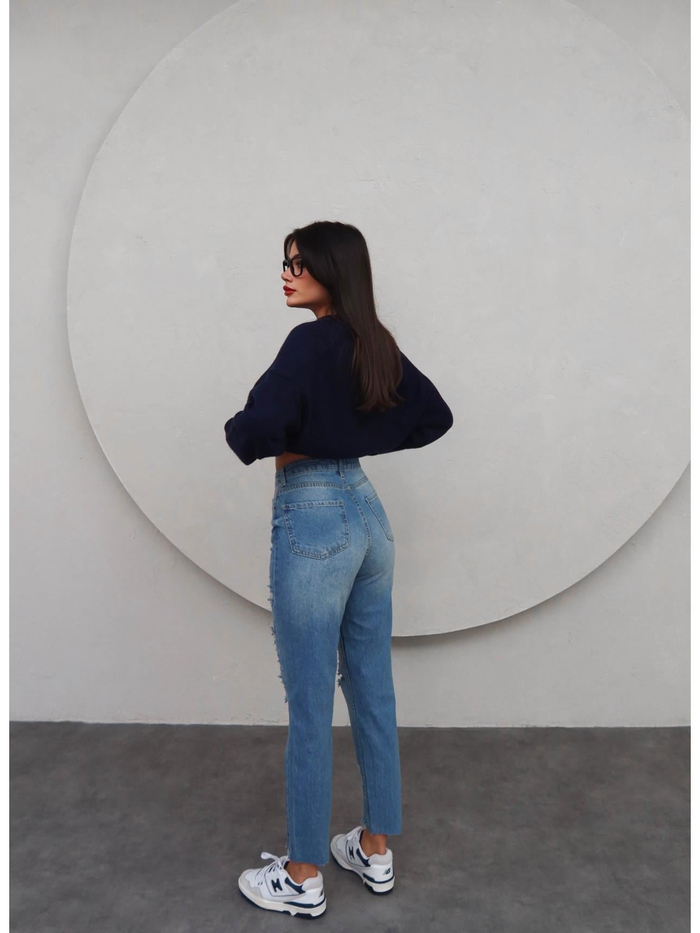 Blue Diz Paça Yırtık Mom Jean