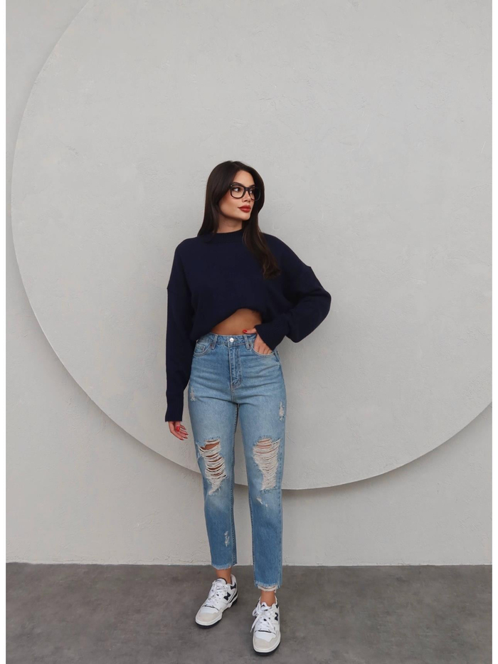 Blue Diz Paça Yırtık Mom Jean