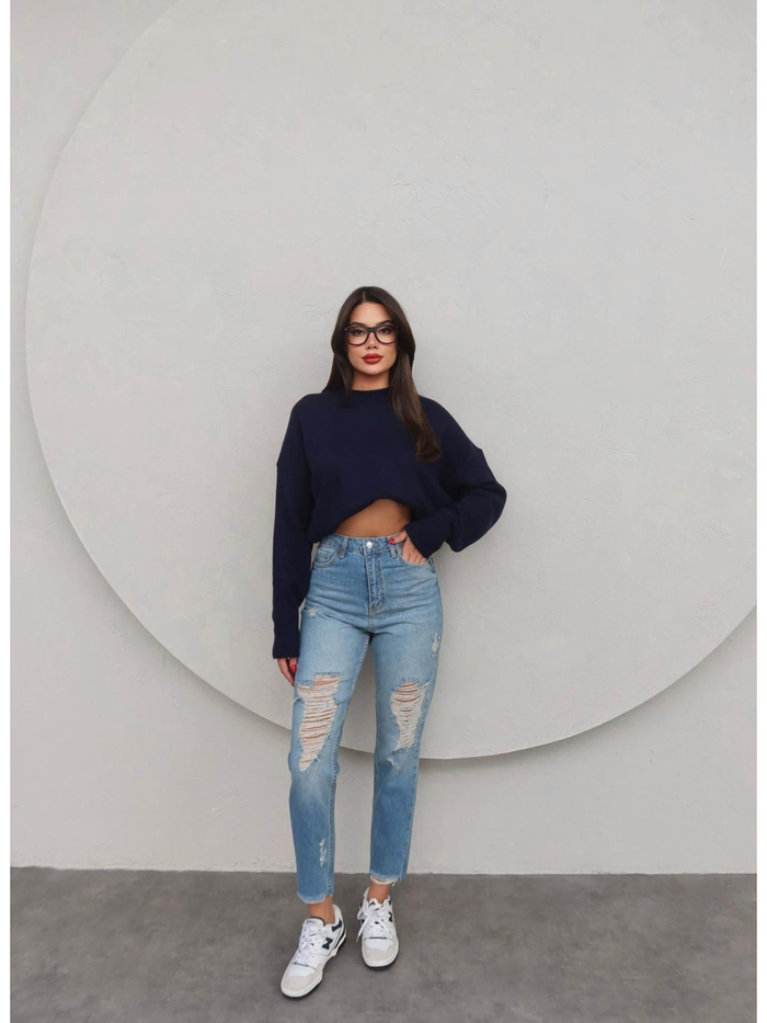 Blue Diz Paça Yırtık Mom Jean
