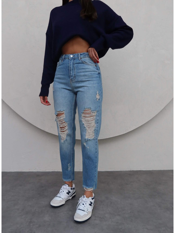 Blue Diz Paça Yırtık Mom Jean