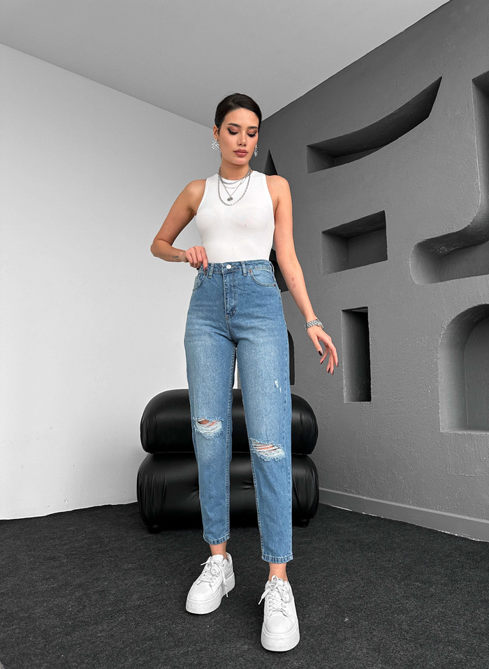 Blue Diz Yırtık Mom Jean