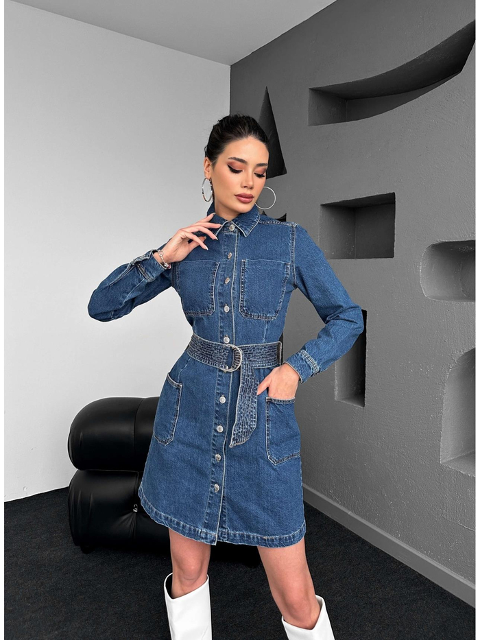 Blue Kemerlı Uzun Kol Kot Elbise
