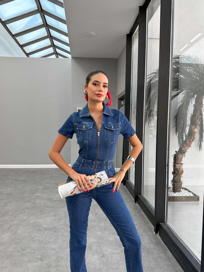 Blue Kısa Kol Denim Tulum