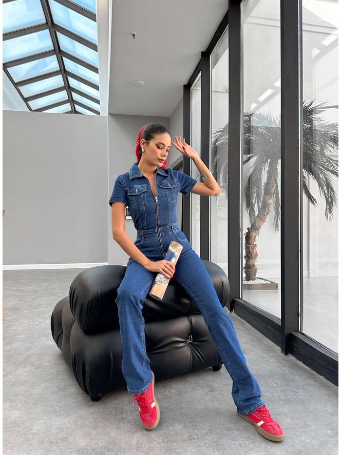 Blue Kısa Kol Denim Tulum