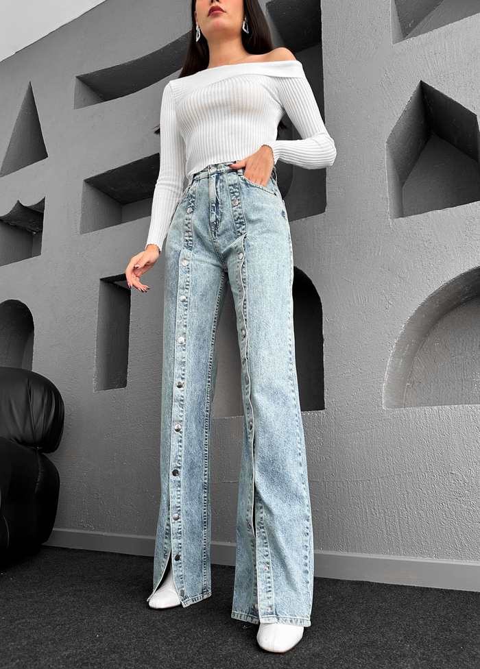 Blue Ön Çıtçıtlı Wide-Leg Jean