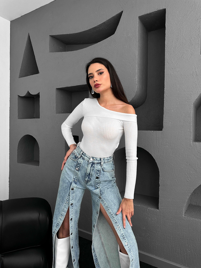 Blue Ön Çıtçıtlı Wide-Leg Jean