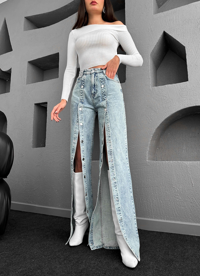 Blue Ön Çıtçıtlı Wide-Leg Jean