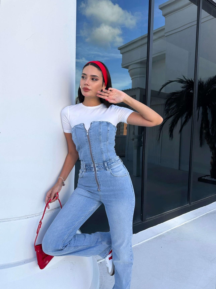 Blue Ön Fermuarlı Straplez Denim Tulum