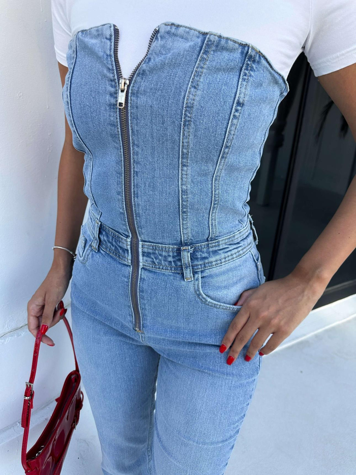 Blue Ön Fermuarlı Straplez Denim Tulum