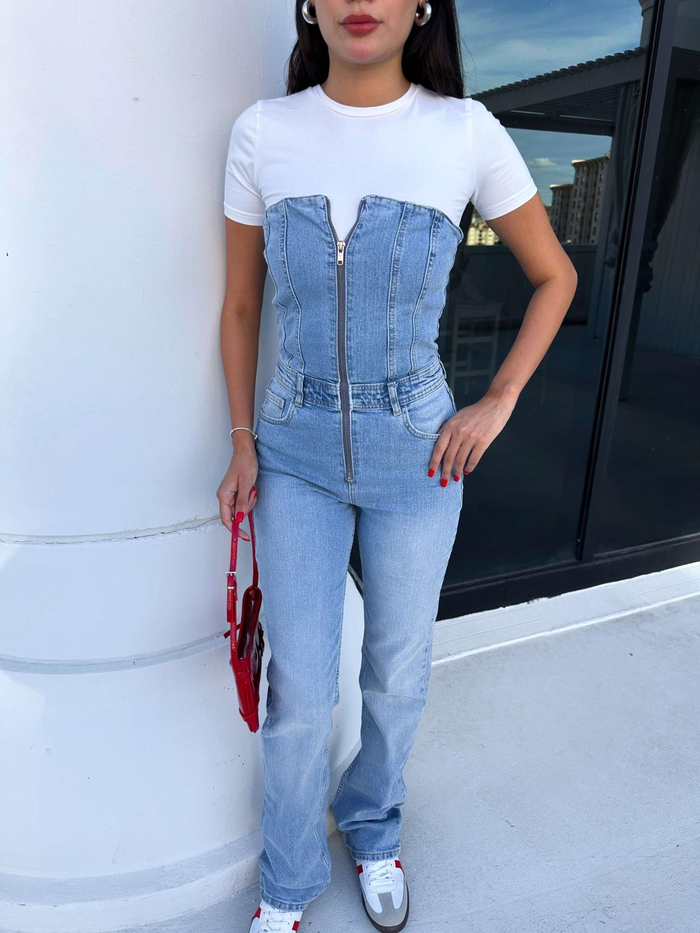 Blue Ön Fermuarlı Straplez Denim Tulum