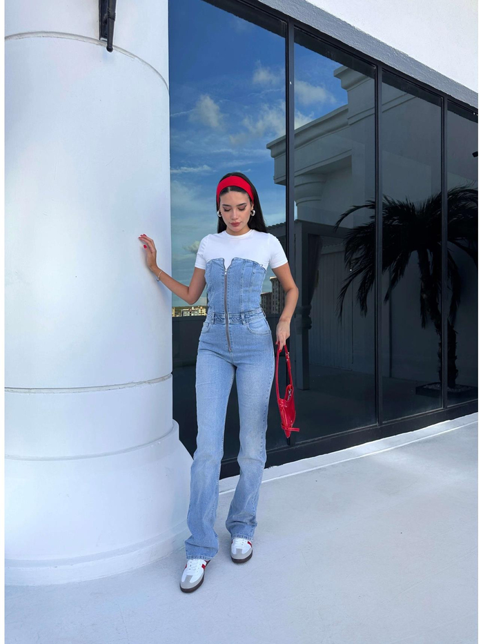 Blue Ön Fermuarlı Straplez Denim Tulum