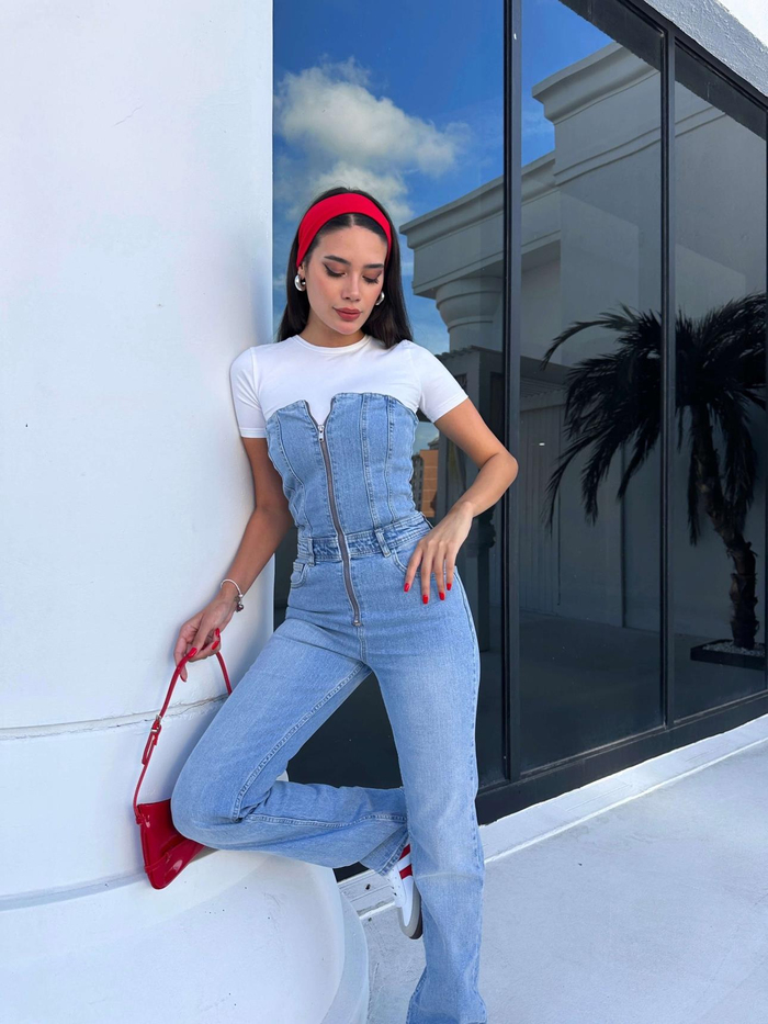Blue Ön Fermuarlı Straplez Denim Tulum