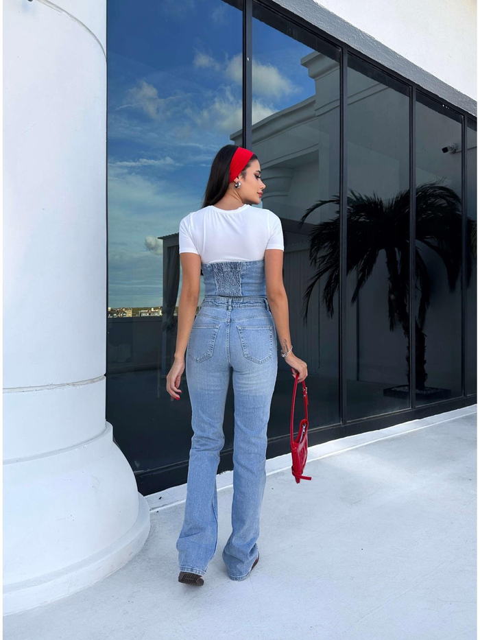 Blue Ön Fermuarlı Straplez Denim Tulum