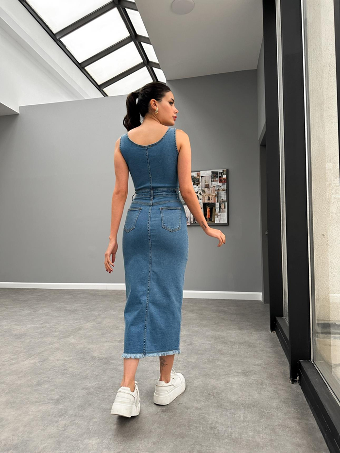 Blue Ön Yırtmaçlı Denim Elbise