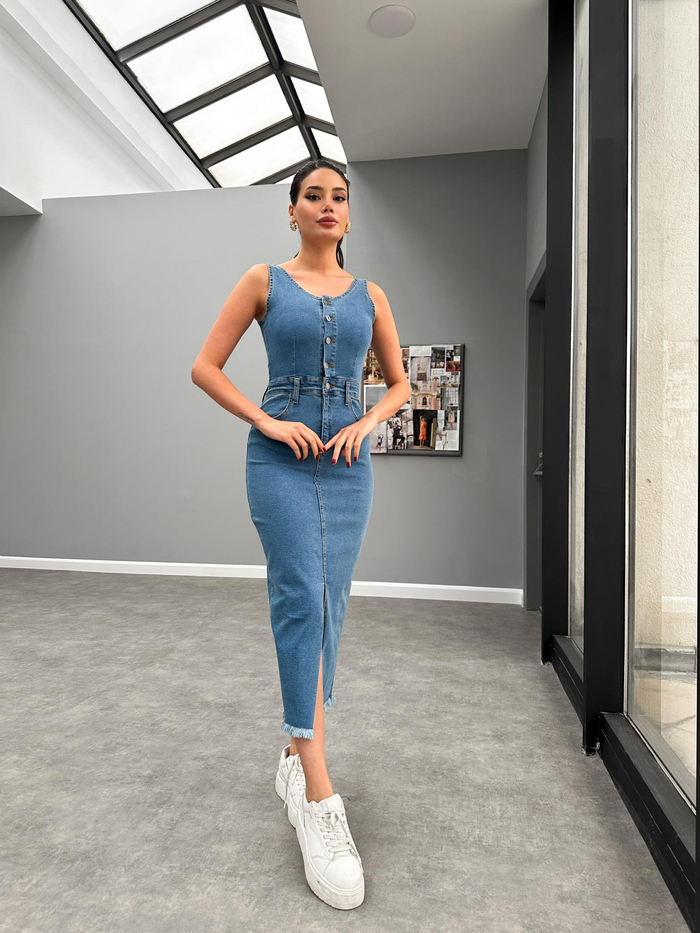 Blue Ön Yırtmaçlı Denim Elbise