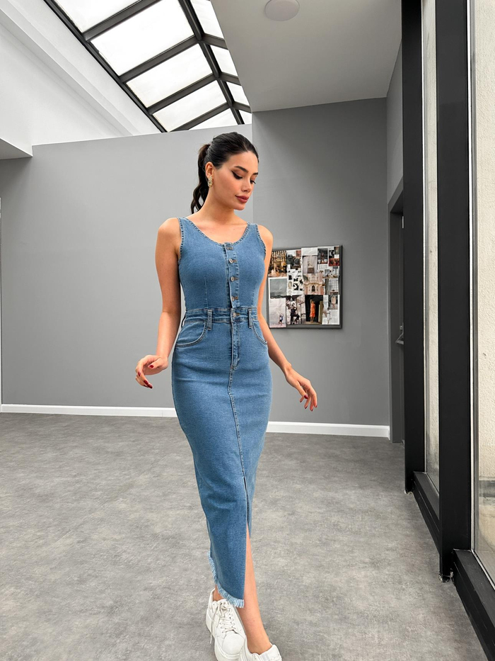 Blue Ön Yırtmaçlı Denim Elbise