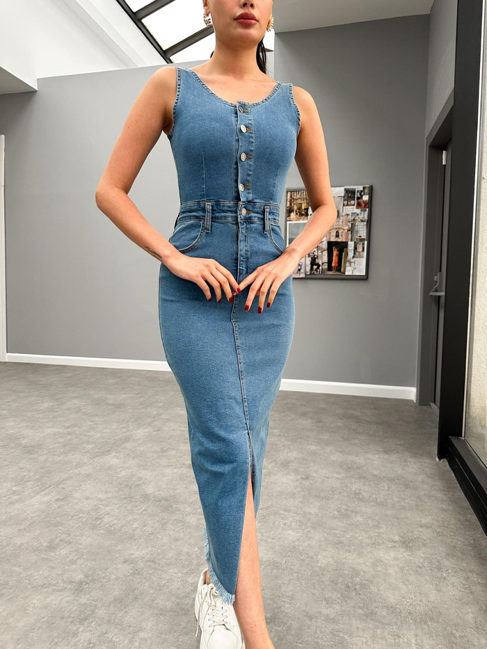 Blue Ön Yırtmaçlı Denim Elbise