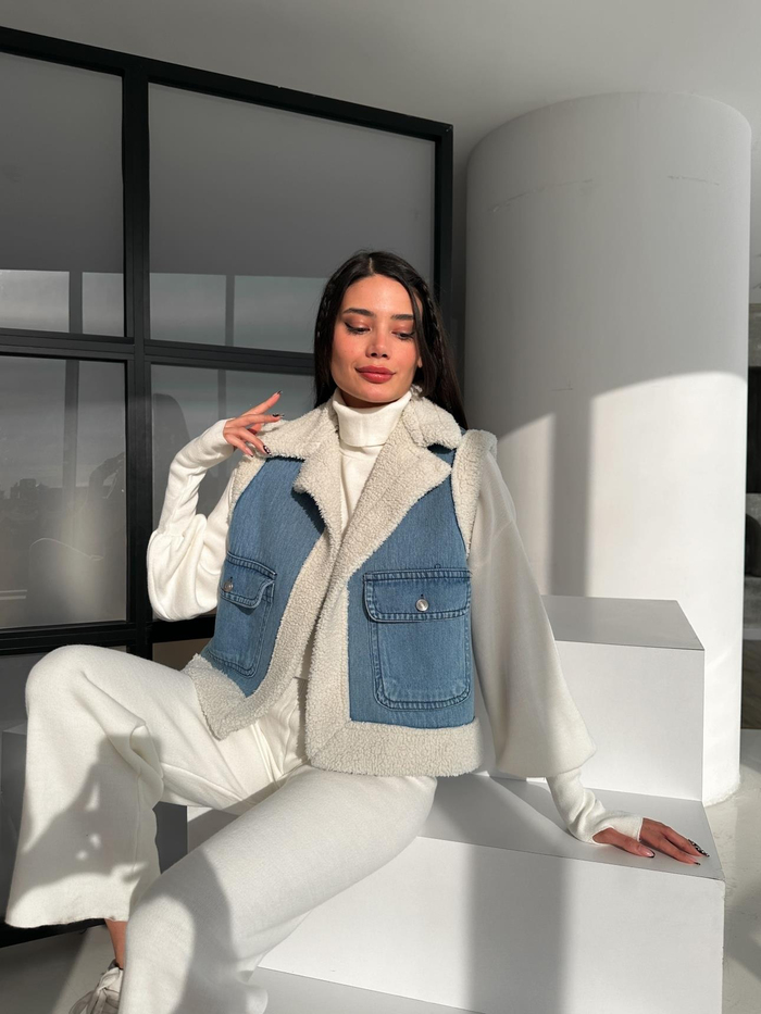 Blue Peluş Detay Kot Yelek