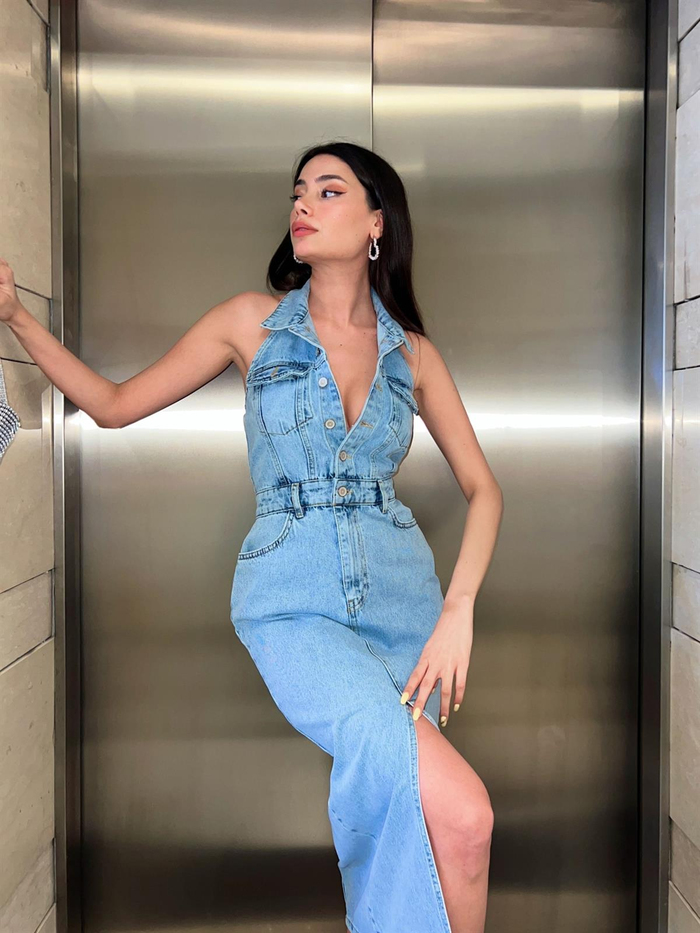 Blue Sırtı Açık Kot Elbise