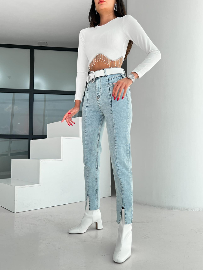 Blue Slim Fit Yırtmaçlı Denim
