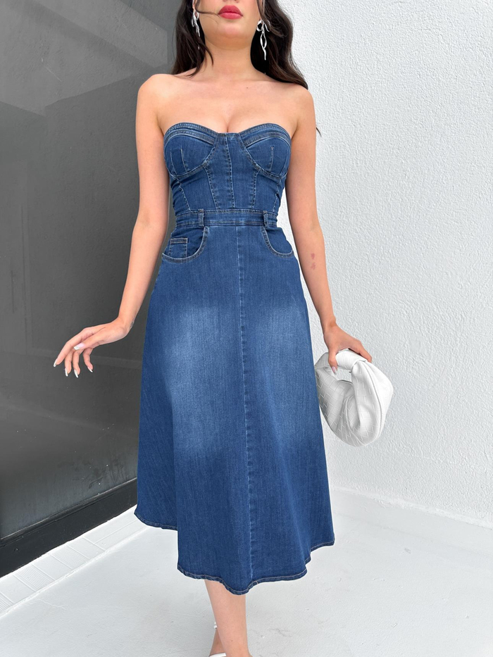 Blue Straplez Kloş Denim Elbise