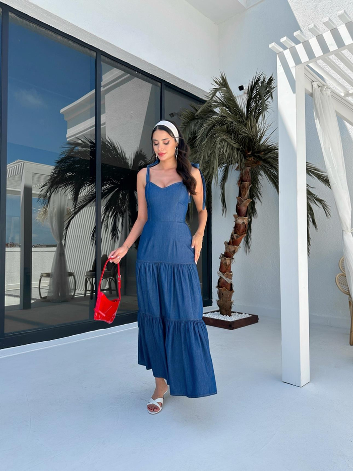Blue Tencel Askısı Bağlamalı Elbise