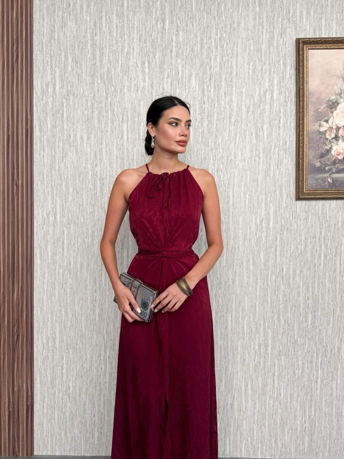 Bordo Bel Bağlamalı Yırtmaçlı Elbise