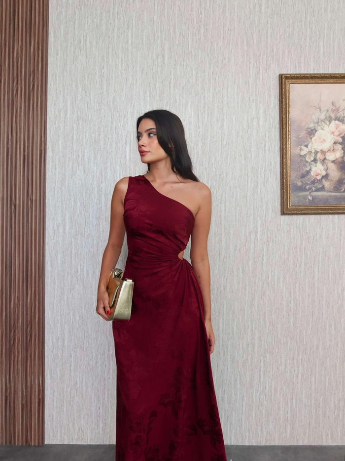 Bordo Desenli Tek Kol Elbise
