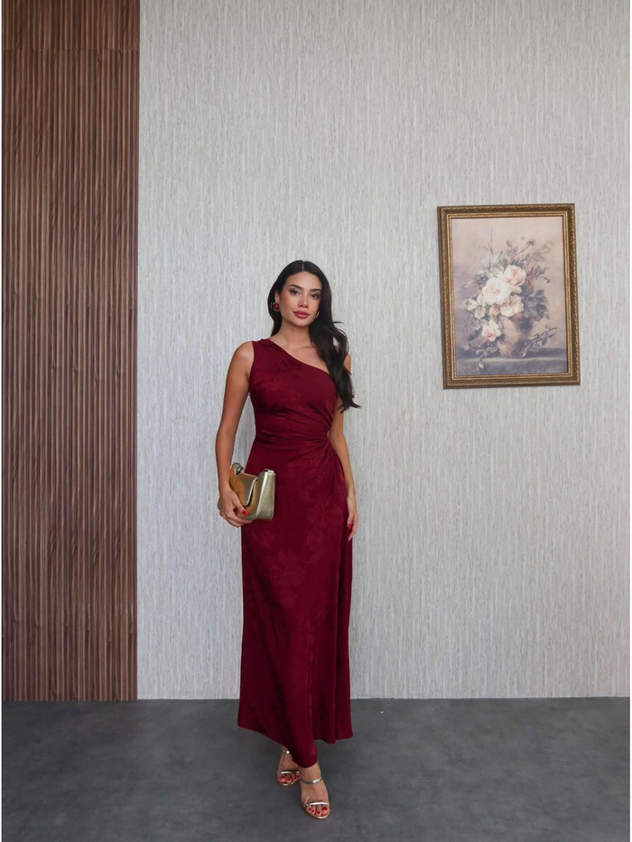 Bordo Desenli Tek Kol Elbise