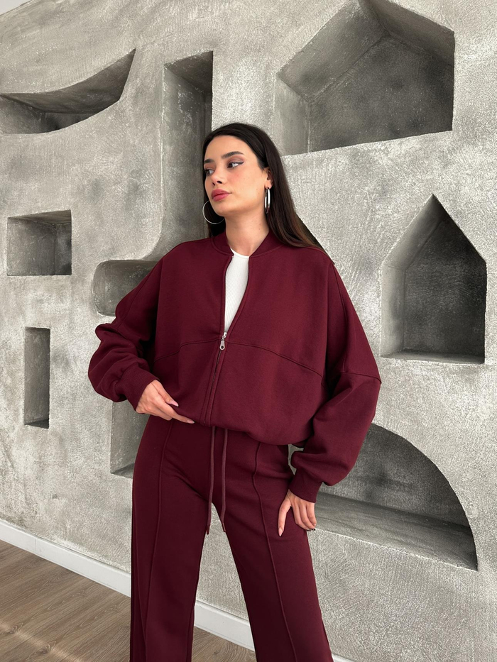 Bordo Fermuarlı Eşofman Takım