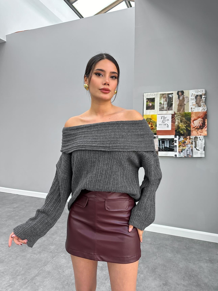 Bordo Fermuarlı Mini Deri Etek