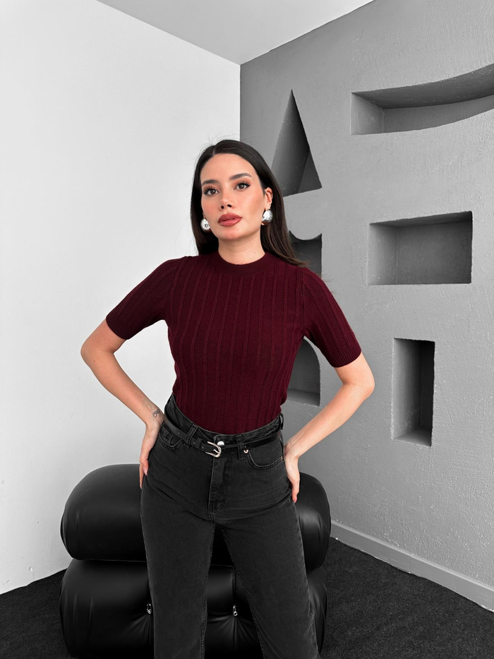 Bordo Fitilli Kısa Kol Kazak