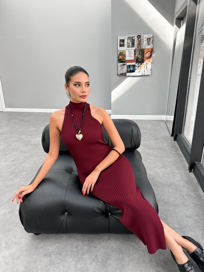Bordo Halter Yaka Triko Elbise